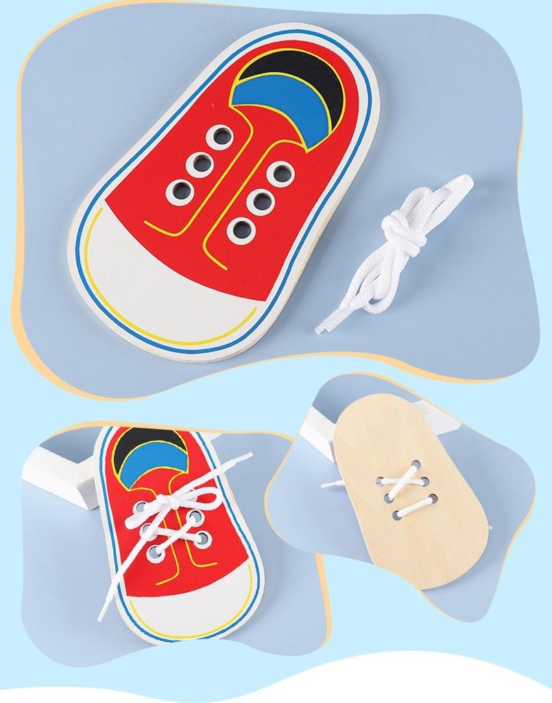 1 Piece Kids Cute Wooden Shoes Puzzles Toys Children Montessori Early Learning Tie Shoelaces Puzzles Wood Beads Lacing Board