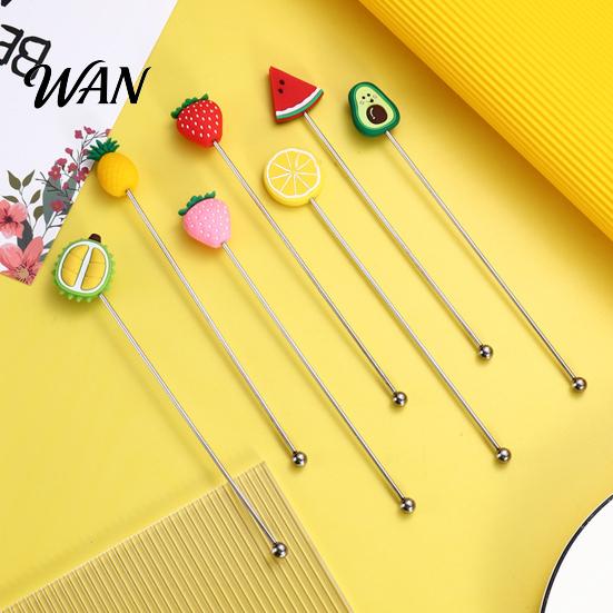 Cartoon Fruit Stirrer Cocktail Stir Stick, Stainless Steel Mixing with Durian Pineapple Strawberry Watermelon Rubber Top Decor, Drink for Bar Milk Tea