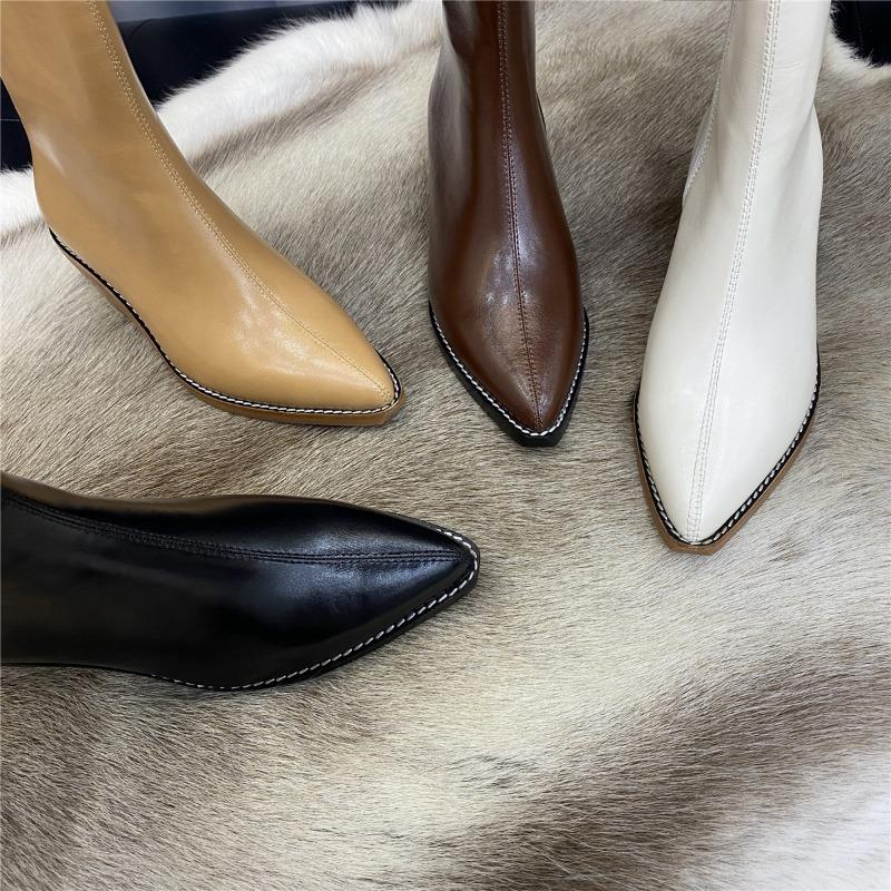 Cowhide Version~ Leather V-mouth Western Cowboy Boots Women's High Heel Pointed Knight Boots Long Boots High Boots Zipper Long Boots