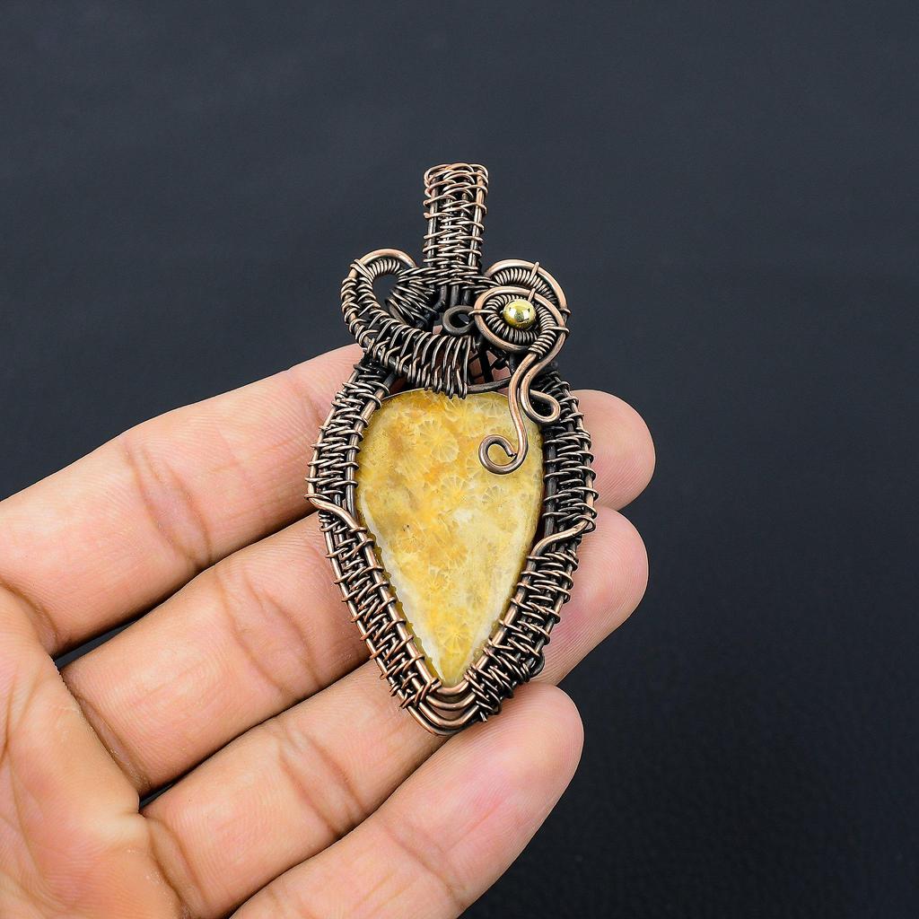Fossil Coral Gemstone Pure Copper Wire Wrapped Handmade Pendant Jewelry For Gift