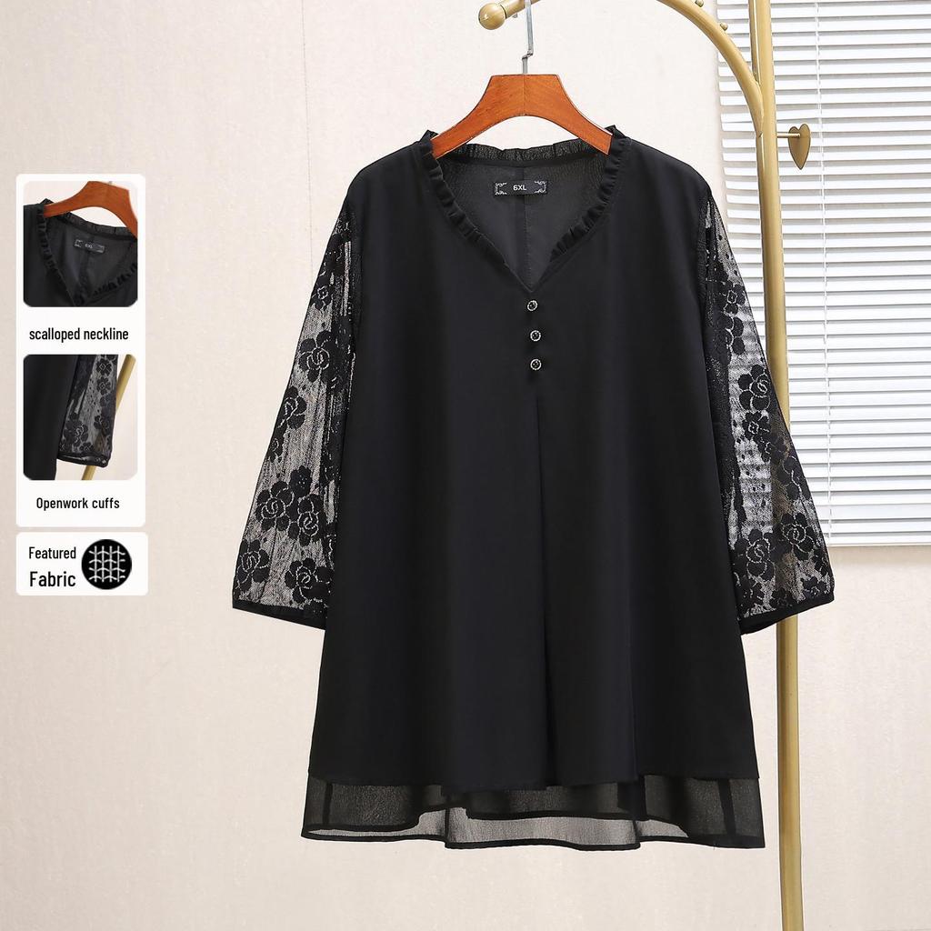 Plus Size Women's Chiffon Blouse - Seven-Sleeve, Hollow Out, Slimming Autumn Fashion Top, Style 25065T