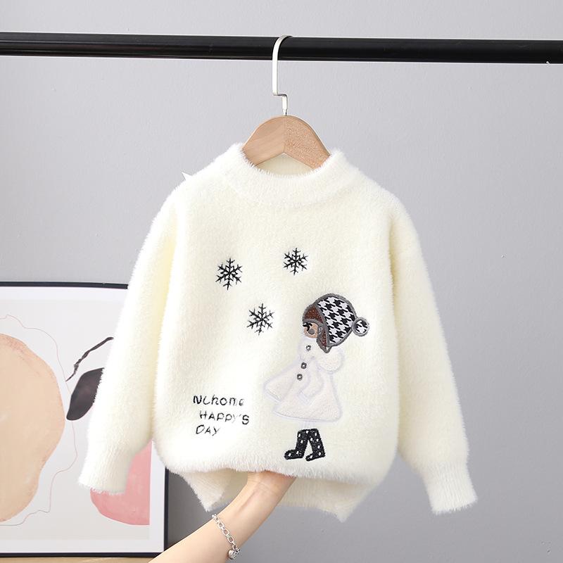 Child Sweater Autumn Winter Pullover Tops Girls Round Neck Sweaters Velvet Cartoon Long Sleeve Knitted Shirt