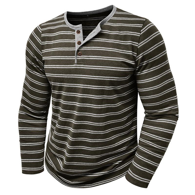 Casual Versatile Men's Autumn and Winter Long-sleeved T-shirt Fashionable Men's Striped Henry Shirt Three-button Top