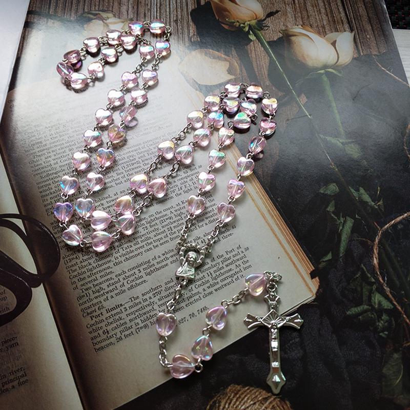 Розовое ожерелье с четками в форме сердца и любви, подвеска в виде креста Девы Марии Христа Иисуса для женщин и мужчин, католические украшения в подарок