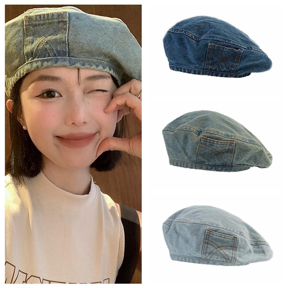 Newsboy Cap Painter Hat Korean Style Octagonal Hat Retro Denim Beret Streetwear