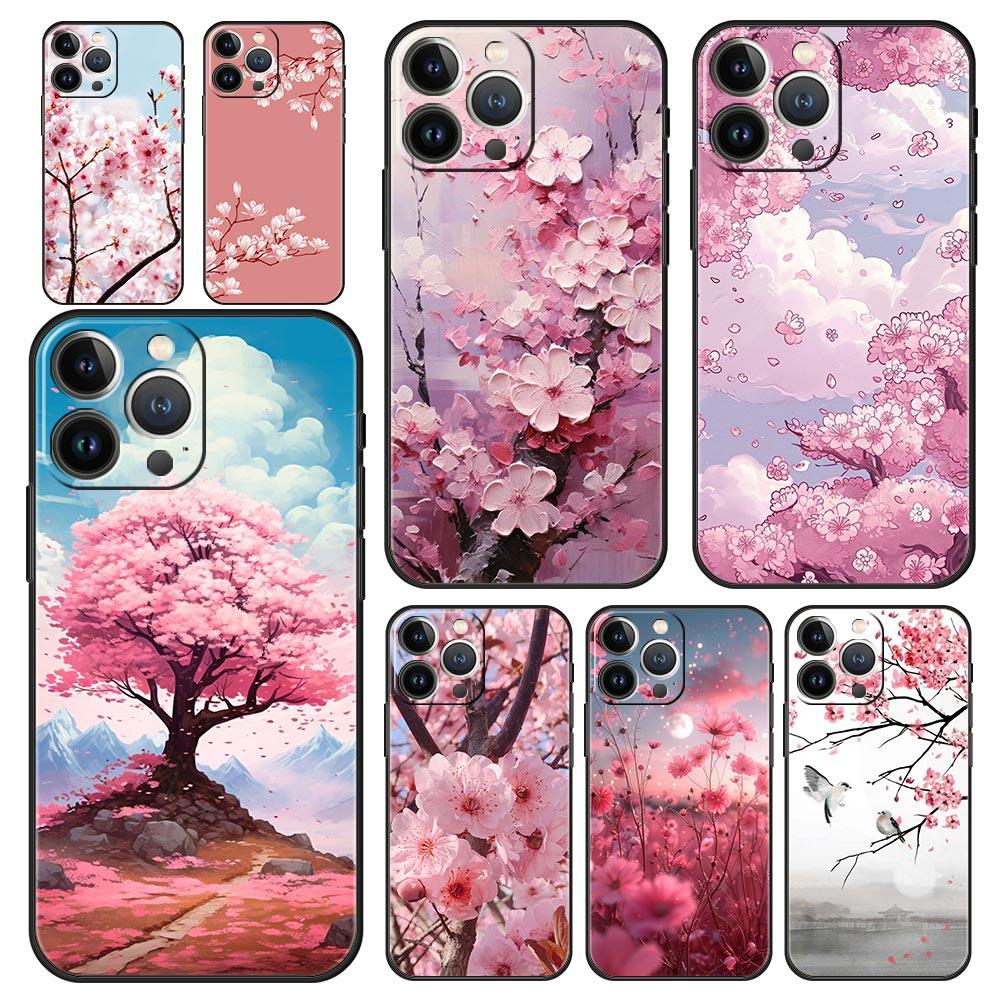 Роскошный Чехол Для Телефона Apple iPhone 11 15 14 Pro MAX 12 13 7 8 Plus X XR XS MAX SE Силиконовый Черный Чехол Funda Дерево Сакуры