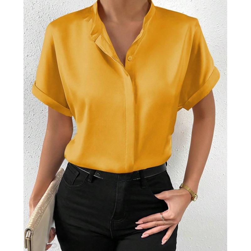 Модная однотонная атласная повседневная рубашка с коротким рукавом, женские летние топы, элегантные простые блузки с воротником-стойкой, женские узкие офисные рубашки на пуговицах 26558