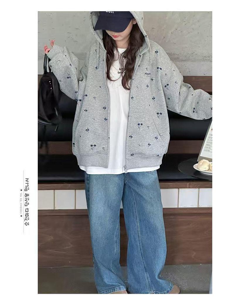 Детская весенне-осенняя куртка на молнии с капюшоном и принтом орхидей - корейский стиль высокой моды, верхняя одежда для девочек 2025