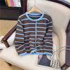 Real Shot Retro Striped Loose Knitted Cardigan Women's Autumn and Winter Lazy Style High-end Sense Horn Button Sweater Jacket