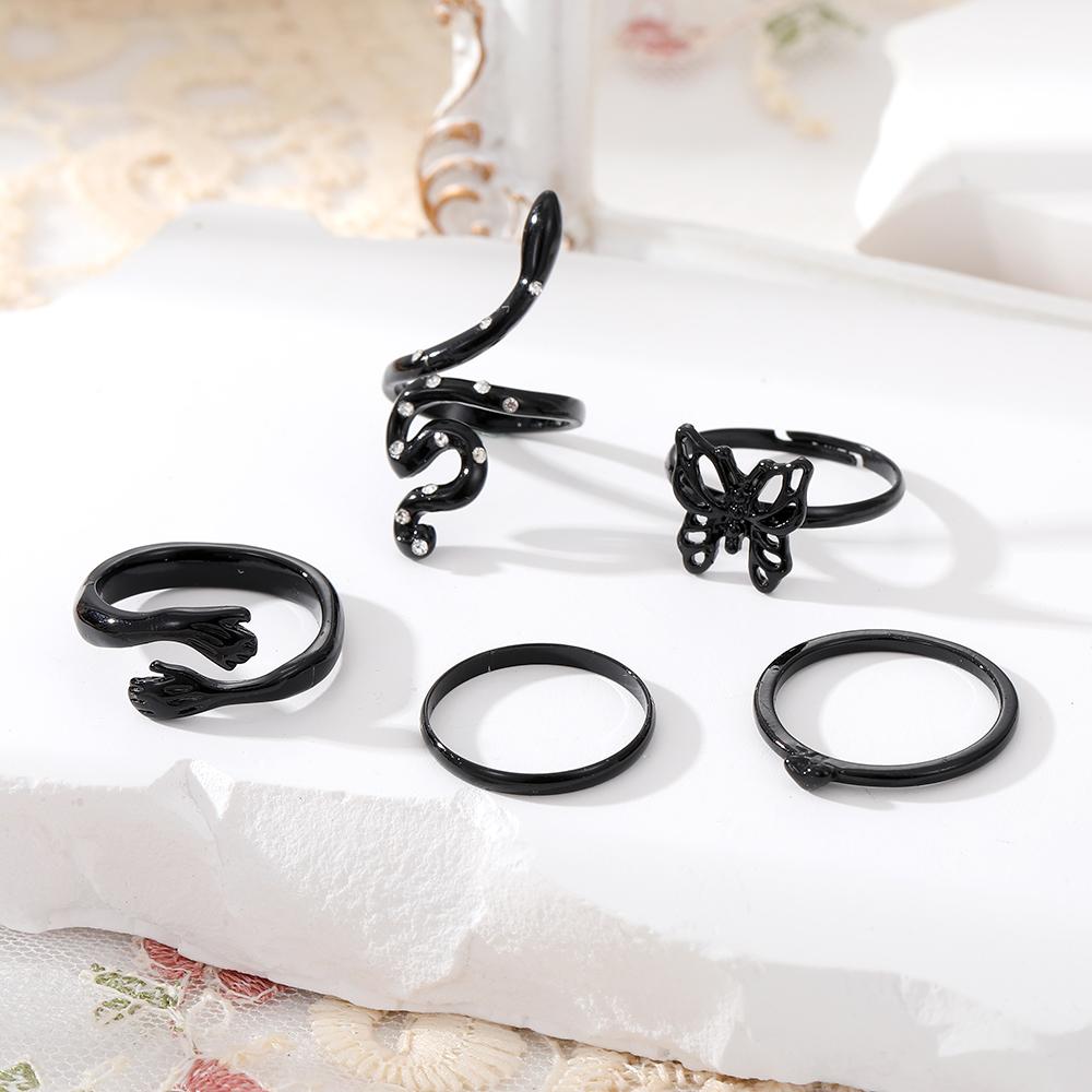 Черный темпераментный гламурный комплект колец, обнимающее открытое кольцо, кольцо с бриллиантами в виде бабочки, змеи, комплект из 5 предметов для девочек, элегантные ювелирные изделия