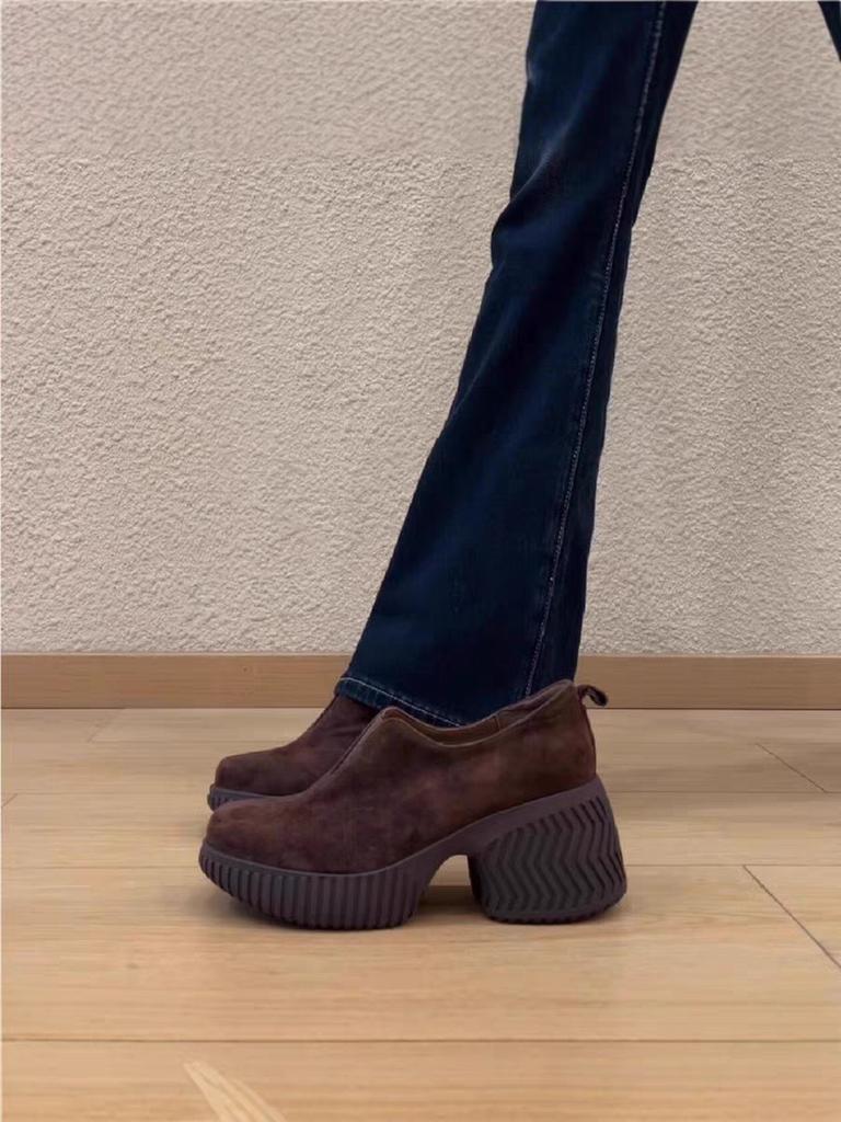 Женские массивные лоферы Ретро Элегантные Замшевые Скругленный носок Платформа Высокий каблук Модные Универсальные Без шнуровки Мягкие туфли-лодочки Mujer Zapatos