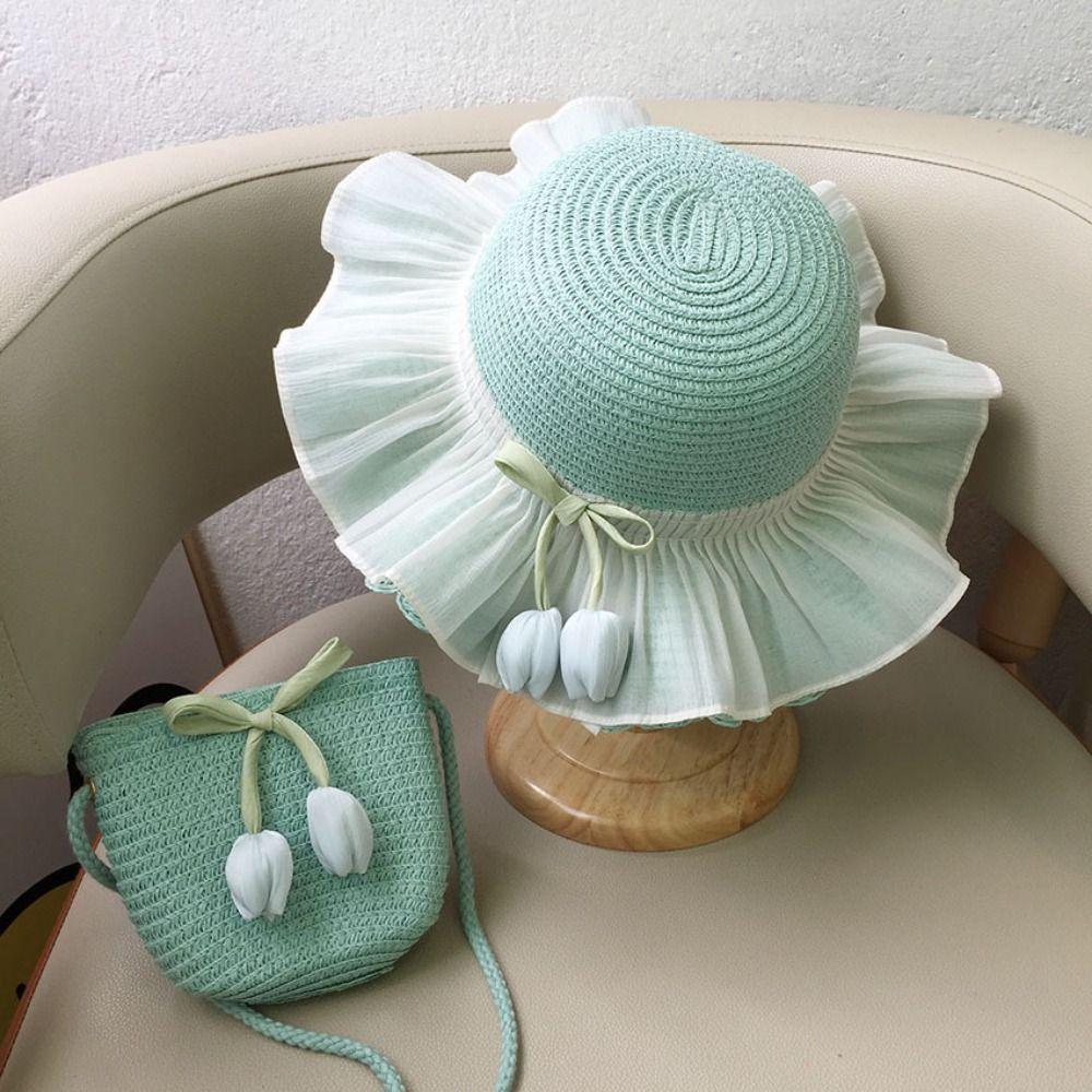 Shading Hat Tulip Straw Sun Hat Korean Style Lace Brim Beach Cap Cute Girls Bucket Hat Kid