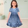 Girls Round Neck Short Sleeve Blue Printed A Line Flared Dress