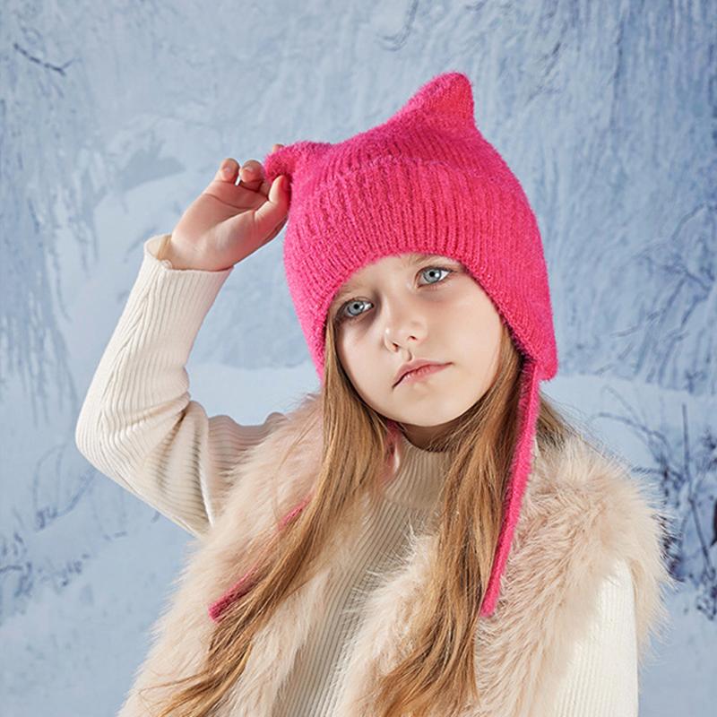 Новые детские шапки, милые вязаные шерстяные шапки с кошачьими ушками, зимние шапки для мальчиков и девочек, детские защитные капюшоны, модные уличные теплые цветные шапки