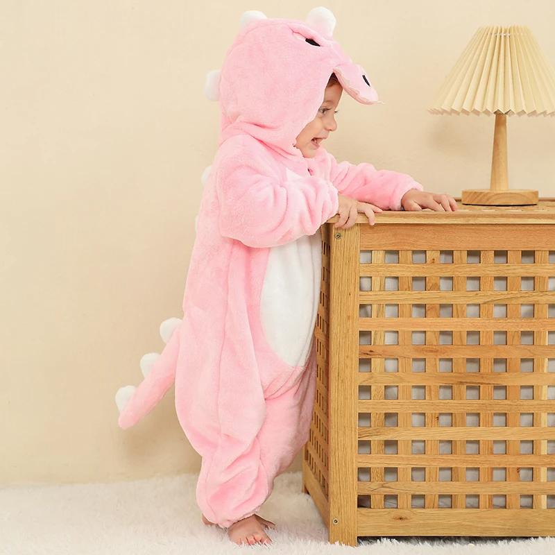 Детские комбинезоны с динозаврами, зимние с капюшоном, фланелевые, для малышей, детская одежда, комбинезоны, костюм для детей на Хэллоуин