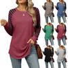 Striped Patch Round Neck Long Sleeve Asymmetric Hem T Shirt Women
