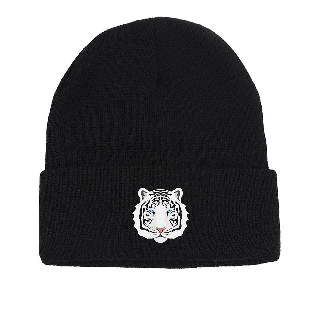 White Tiger Print Knit Hat Beanie, Animal Skull Cap Fit Autumn Simple Pompom Beanies Knitted Cap Beanie