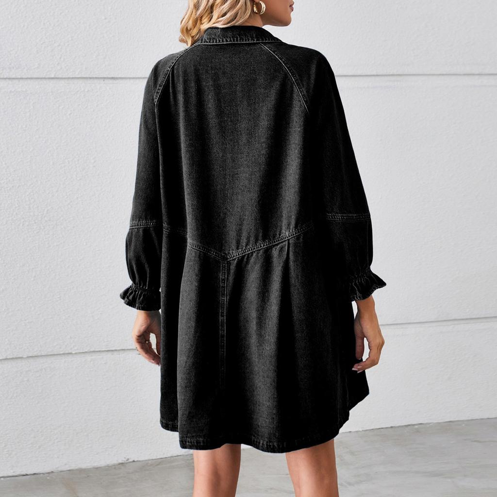 Women's Loose Washed Long Sleeved Patchwork Denim Dress, Medium Length Skirt For Women