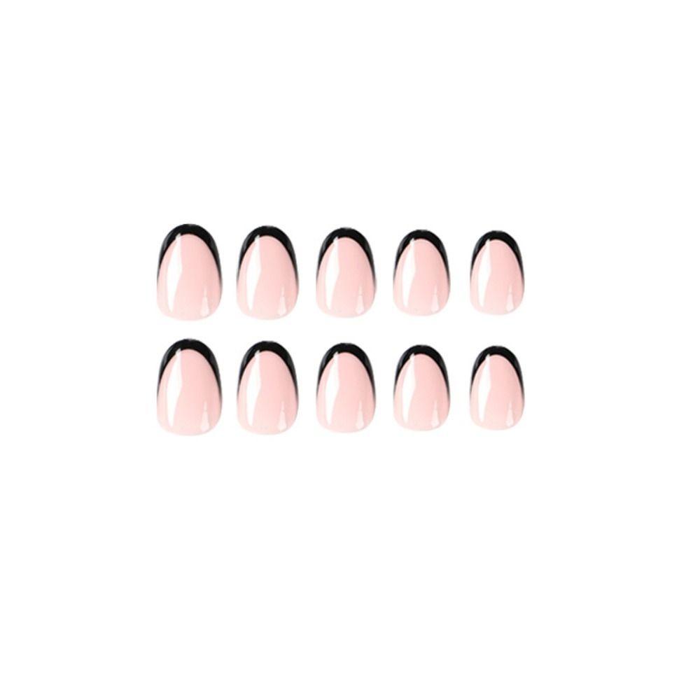 24pcs Manicure Fake Nials Press on Nails Black Edge Short Almond French False Nails