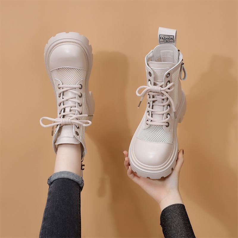 2025 Женские ботинки Мартин в британском стиле из сетки и кожи - Дышащие, на толстой подошве, перфорированные, короткие ботинки для лета