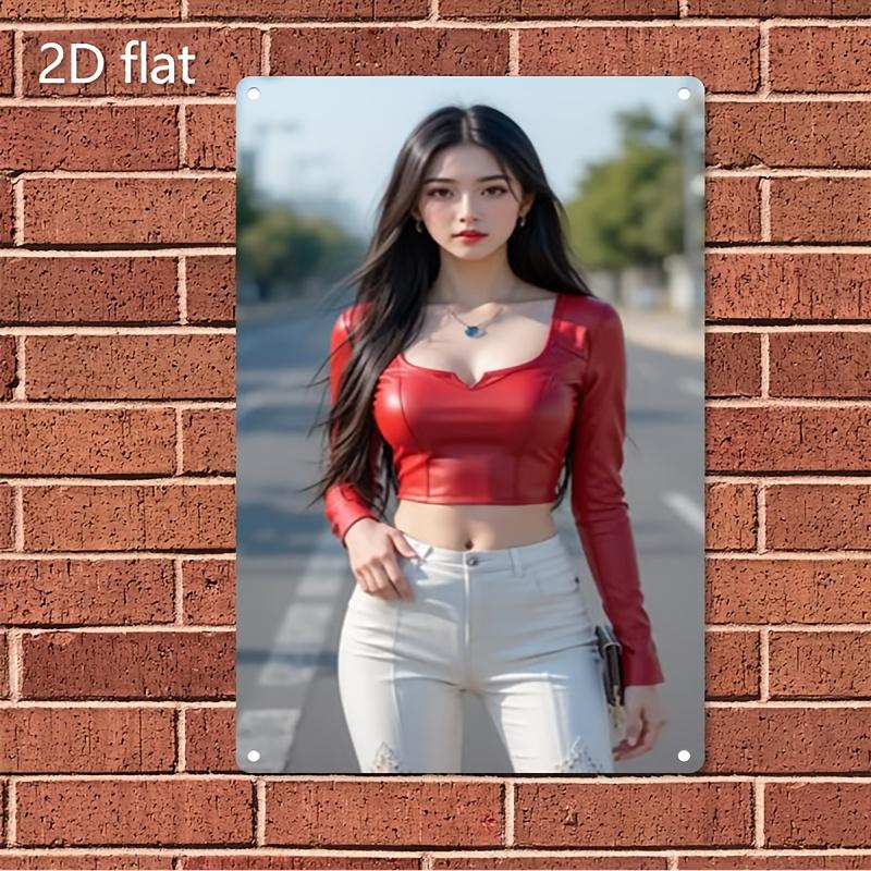 HD Metal Tin Sign Stunning Asian Model Red Leather Crop Top White Jeans Street Portrait Wall Art Decor
