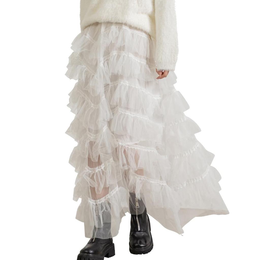 DAYCLOSET Sheer Tulle for and Size Medium Skirt, Long, Tiered, Lined, Ruffled, Lightweight, Women, Spring, Summer, Fall, 016, White,