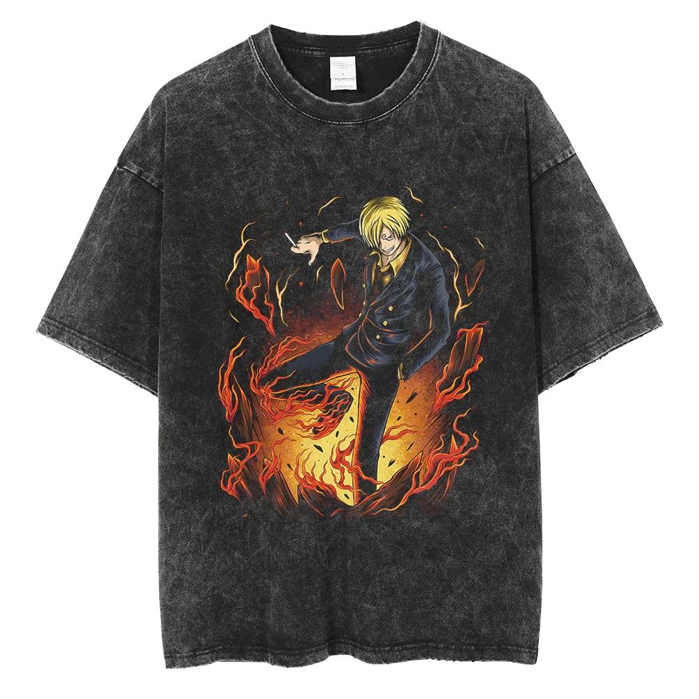 Harajuku Fashion Vintage TShirt Japanese ONE PIECE Anime Graphic Oversize T Shirt Washed Tshirt Men Summer Cotton Tops Tees