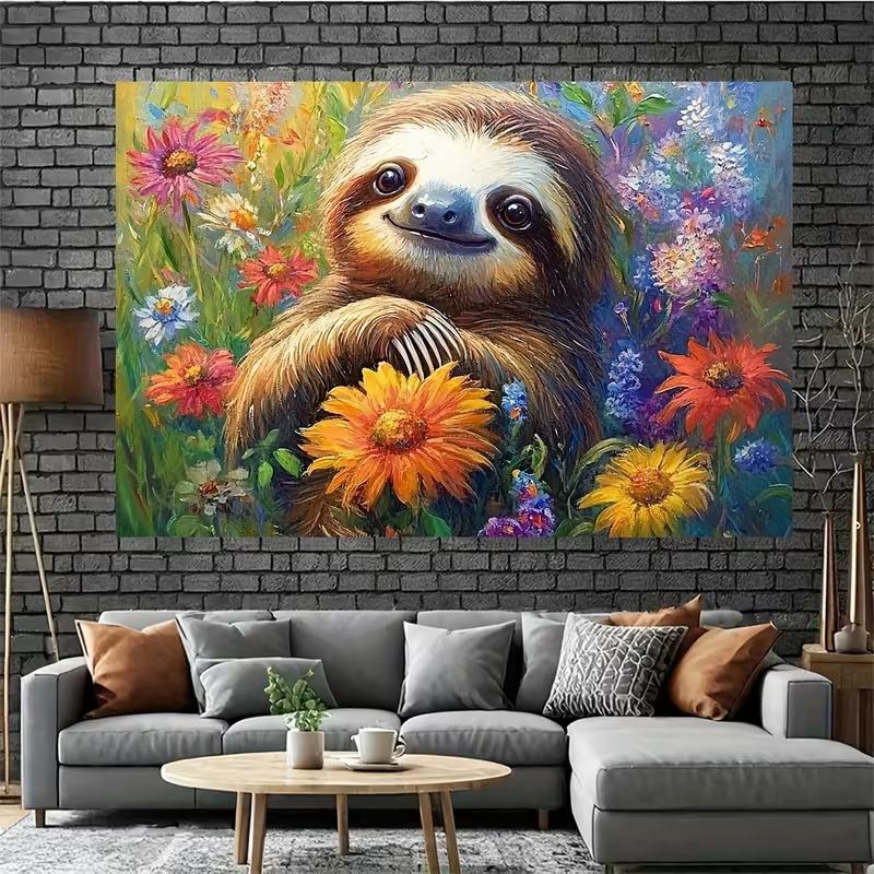 2D Cute Sloth Floral Backdrop Colorful Wildflower Photography Background Cloth