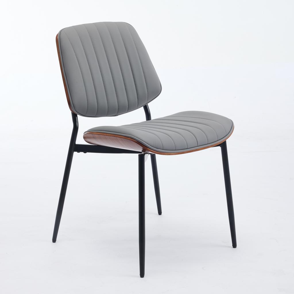 Dining Chairs Set of 2 Mid Century Faux Leather Chair with Walnut Bentwood Back Upholstered Seat Metal Legs Adjustable Foot(Gray PU),DE1849GY