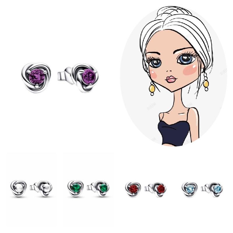 Women's Birthstone Earrings Panjia Pandora S925 Silver Eternal Round Shape Fashionable Jewelry
