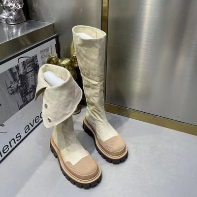 Женские джинсовые сапоги, высокие сапоги 2024 года, новые парусиновые сапоги с толстой подошвой и круглым носком, удобные длинные сапоги