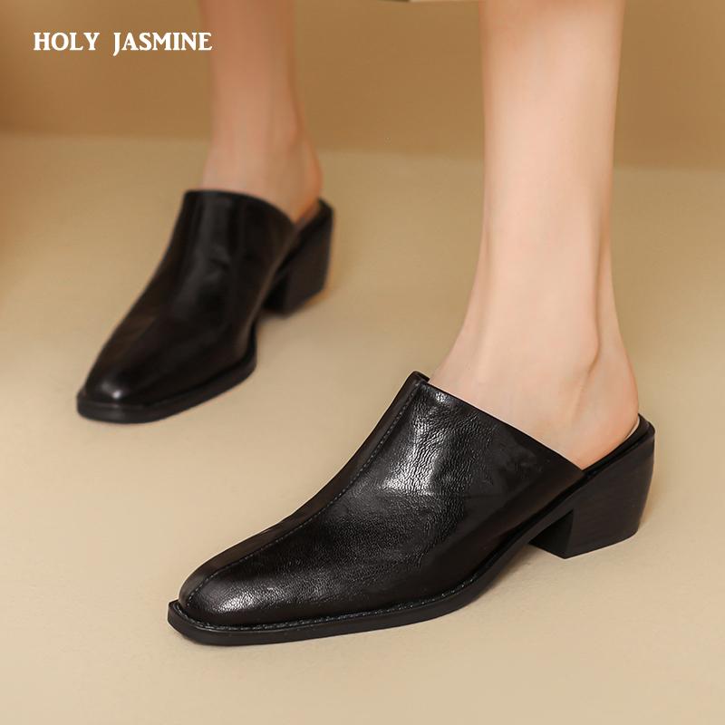 Fashion 2025 New Summer Women Mules Shoes Genuine Leather Shoes for Women Cover Toe Chunky Heel Slippers Round Toe Black Women Sandals