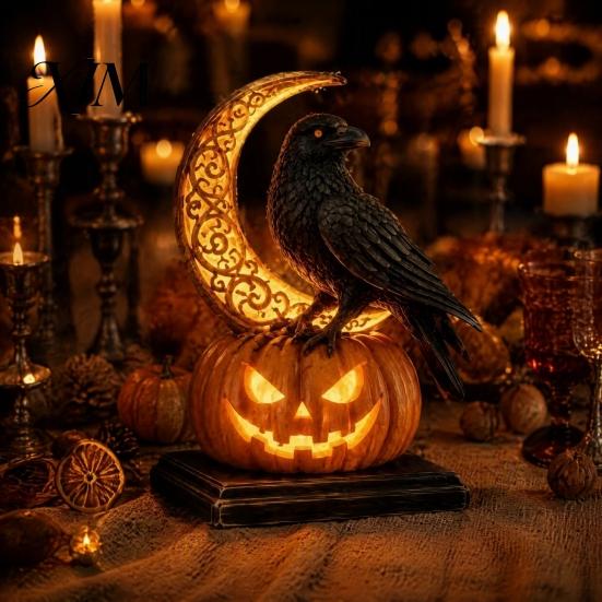 Unique Gothic Home Accents Halloween Pumpkin Dragon Statue, LED Glowing Resin Figurine Festive Desktop Display Ornament with Warm Light, Spooky