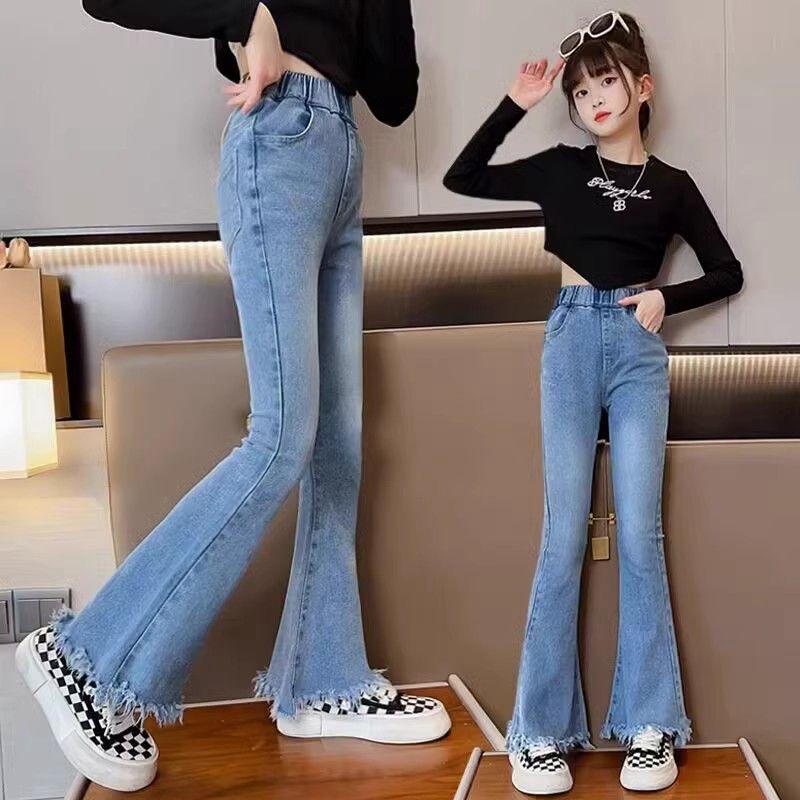 Брюки для девочек, Весна и осень, Большие девочки, Самосовершенствование, Стиль вестерн, Модные детские расклешенные джинсовые брюки