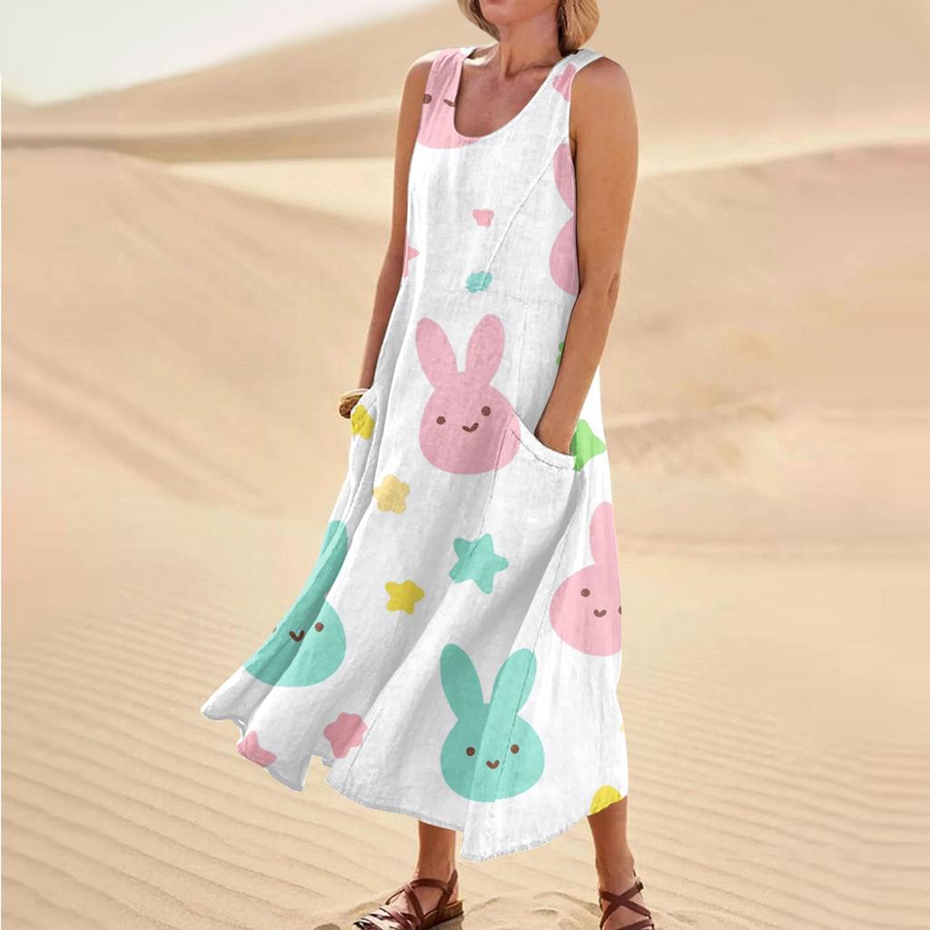Women's Summer Casual Fashion Easter Printed Sleeveless Round Neck Pocket Dress