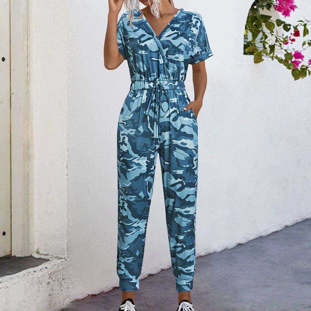 Women's Casual Short Sleeve V-Neck Intersection Jumpsuit