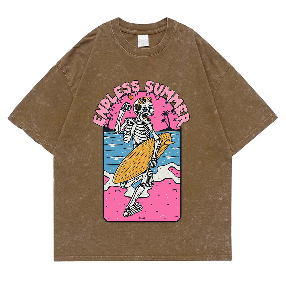 Endless Summer Skeleton Surfing Выстиранная Ретро Сноубордическая Одежда Мужская Качественная Футболка Летние Хлопковые Футболки Уличные Свободные Топы