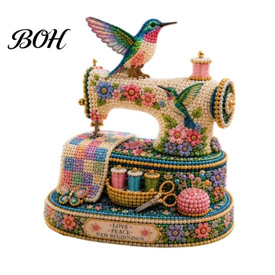 Desktop Decorative Craft Tiny 3D Beaded Sewing Machine DIY Kit for Kids & Adults, Exquisite Hummingbird Handmade Bead Set, Stress Relief Creative