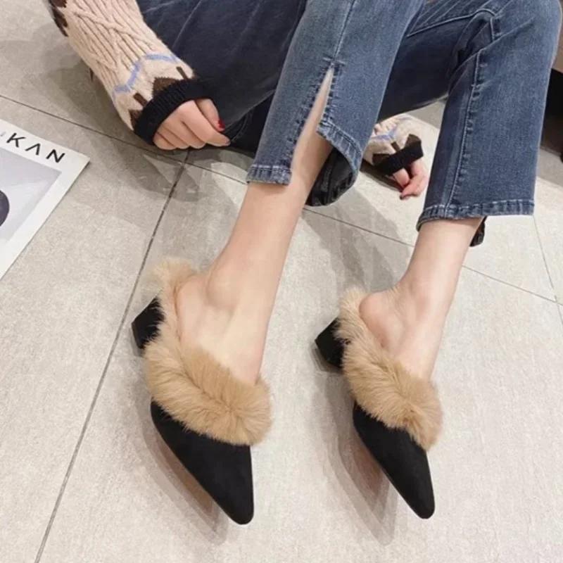 Luxury Fur Winter Women's Warm Slippers Women Solid Fashion Baotou High Heels Ladies Fluffy Plush Indoor Home Mules Shoes Female