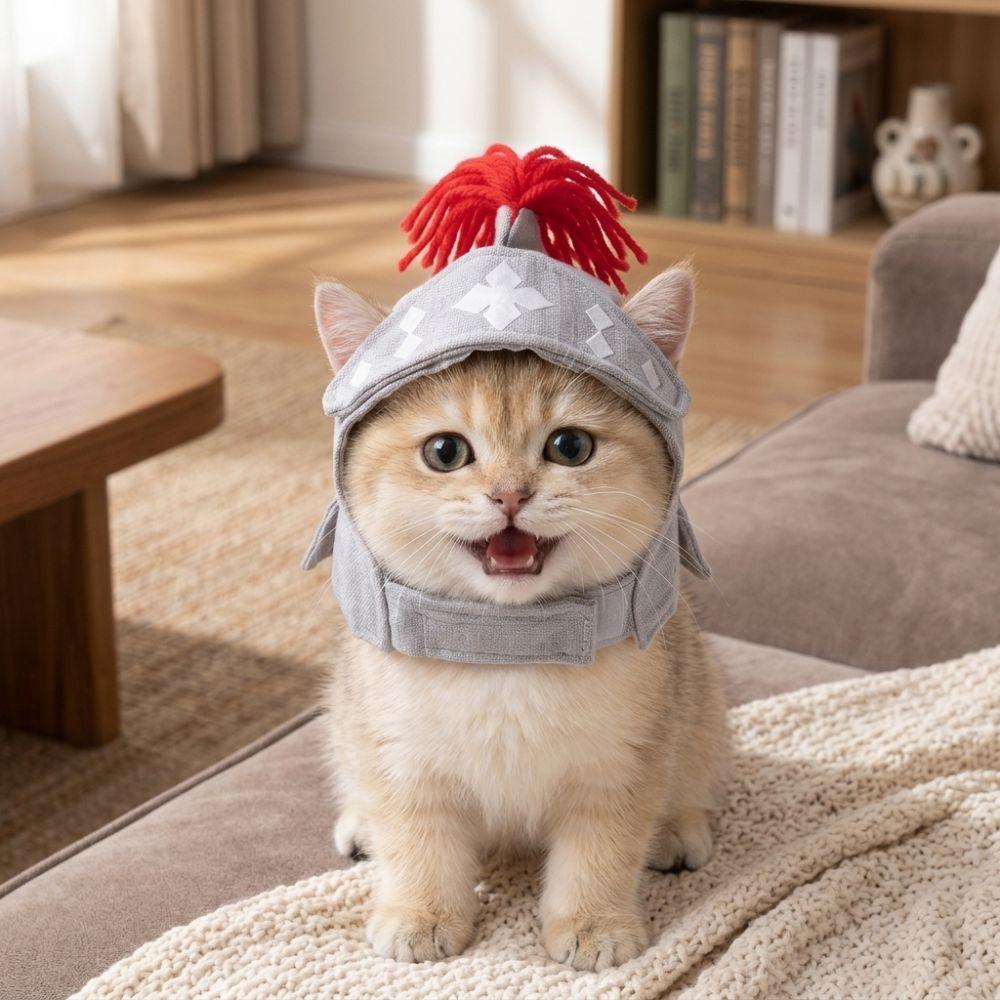 Soft Fabric Cat Samurai Helmet Hat Adjustable Strap Kitten Headgear Pet Festival