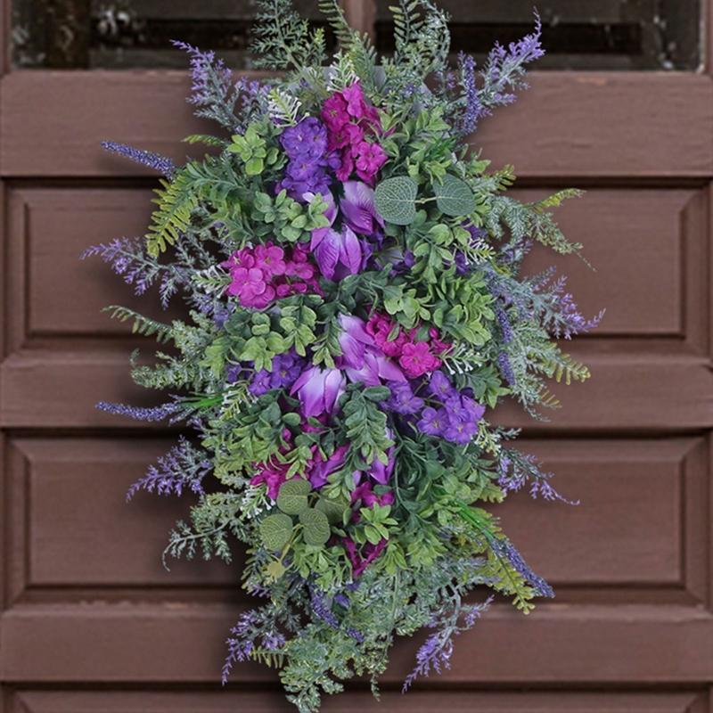 Tulips Wreath for Front Door Spring Artificial Flower Wreath with Hyacinths Hydrangeas Lavenders Wall Hangings Decorations