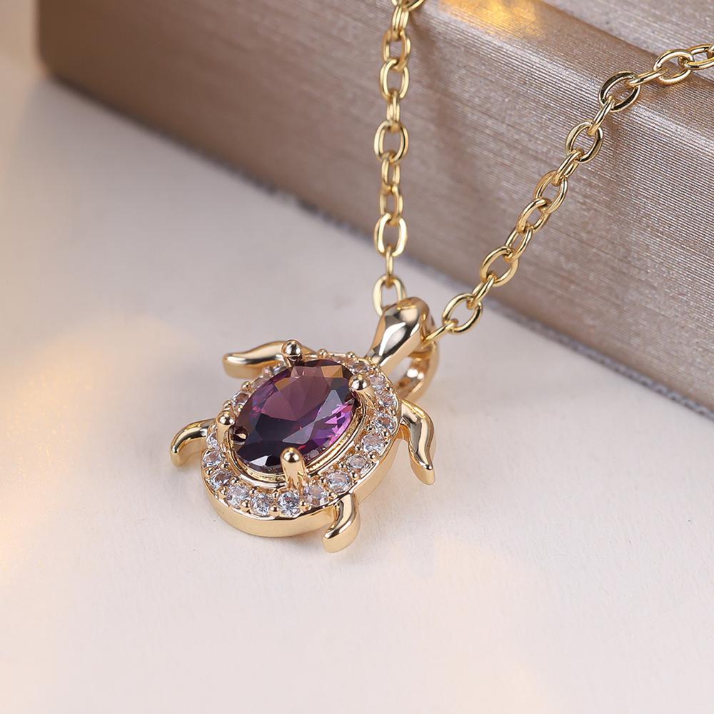 Милое фиолетовое овальное ожерелье с подвеской в виде черепахи из циркона для женщин, модное ожерелье с цепочкой золотого цвета, ювелирные изделия с животными