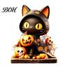 Small Desktop Figurine Wooden Halloween Tabletop Decor, Whimsical Black Cat Witch Pumpkin Skeleton Cute Room Accents Figurines, Centerpiece