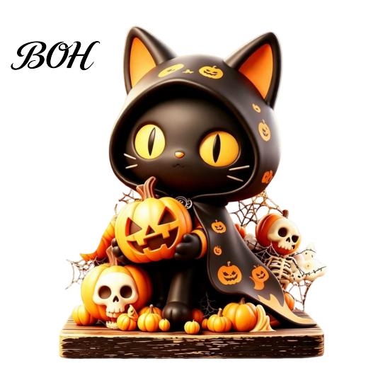 Small Desktop Figurine Wooden Halloween Tabletop Decor, Whimsical Black Cat Witch Pumpkin Skeleton Cute Room Accents Figurines, Centerpiece