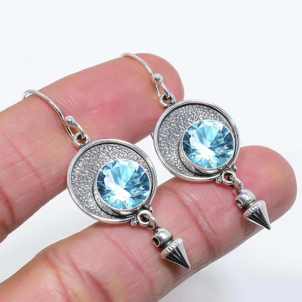 Серьги с голубым топазом из стерлингового серебра 925 пробы V6830, Голубые серьги, Круглые серьги, Подарок на День святого Валентина, Подарок для нее, Подарок на день рождения, Украшения ручной работы, Серебро