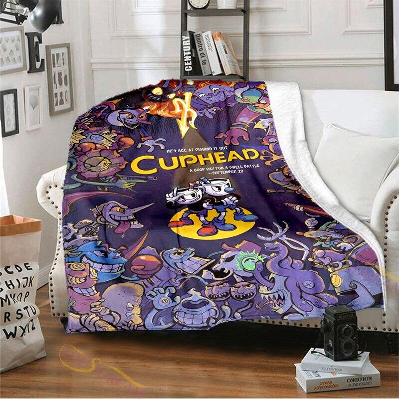 Фланелевое одеяло с узором Cuphead и Mugman для игровой комнаты, уютное одеяло для кровати, легкое мягкое одеяло, одеяло для дивана на все времена года