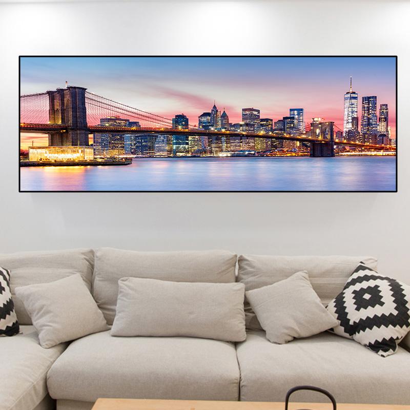Night View Brooklyn Bridge New York City Landscape Canvas Painting Posters and Prints Wall Art Pictures Room Home Decor No Frame