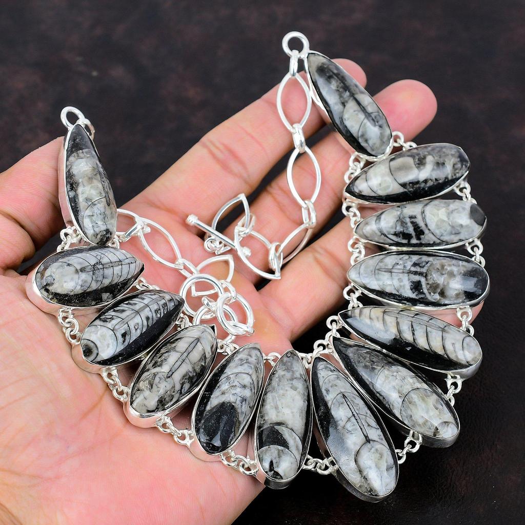 Orthoceras Ископаемое ожерелье Ожерелье из драгоценного камня Ожерелье из стерлингового серебра 925 пробы Регулируемая цепочка Ожерелье Антикварные ювелирные изделия ручной работы Подарок для матери