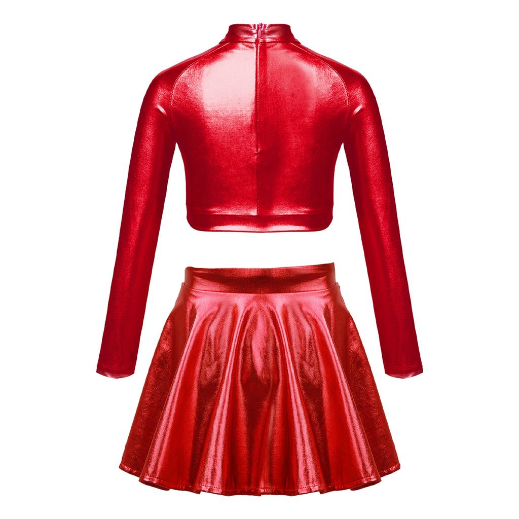 Girls Glossy Metallic Dance Set Long Sleeve Sequin Crop Top and Short Skirt Figure Skating Costume