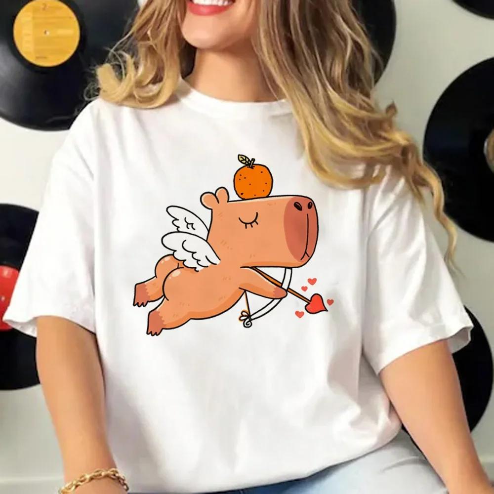 Летние футболки женские с коротким рукавом из чистого хлопка, модные, повседневные, с принтом мультяшной капибары и круглым вырезом